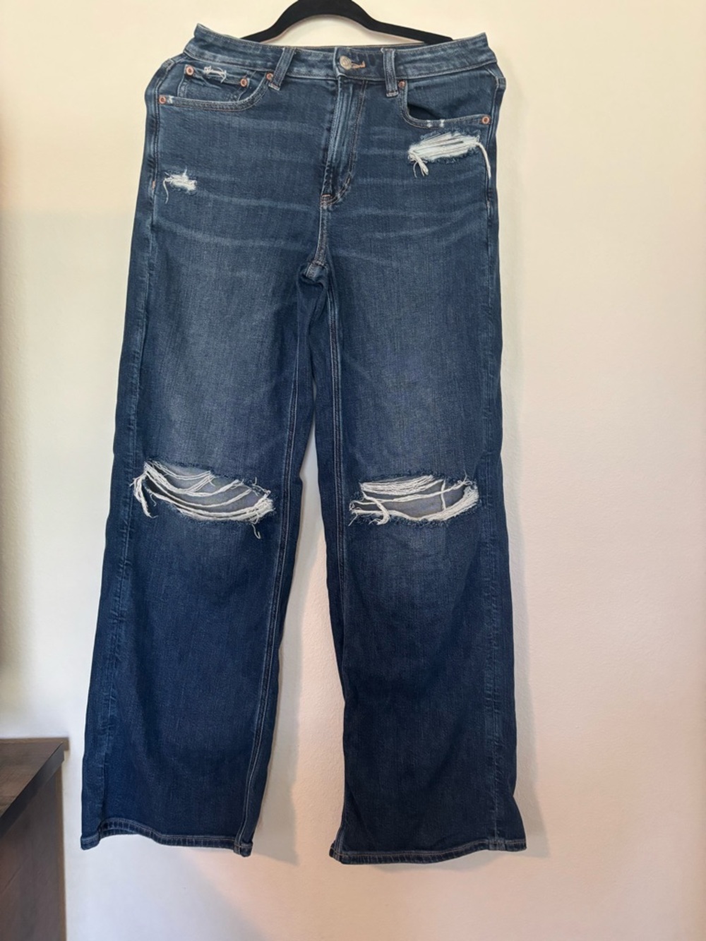 American Eagle Outfitters Dark Blue Distressed Wide Leg Jeans